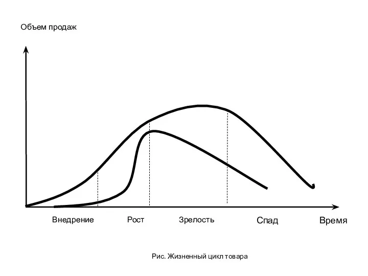 Внедрение Рост Зрелость Спад Время Объем продаж Рис. Жизненный цикл товара