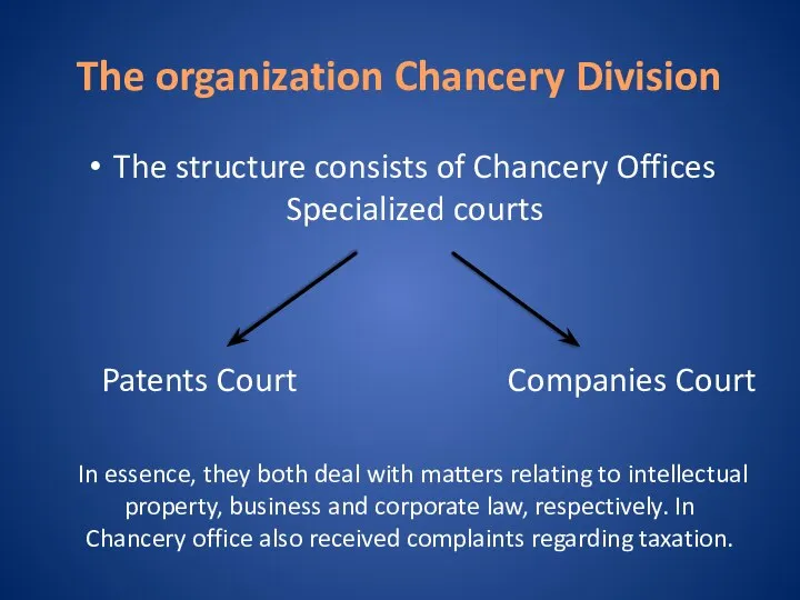 The organization Chancery Division The structure consists of Chancery Offices Specialized