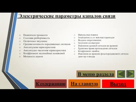 Электрические параметры каналов связи Импульсные помехи Защищенность от внятных переходов Входное