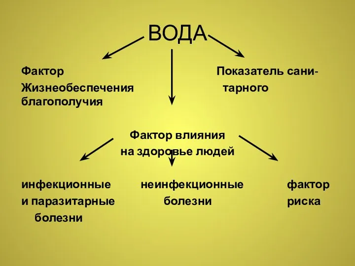 ВОДА Фактор Показатель сани- Жизнеобеспечения тарного благополучия Фактор влияния на здоровье