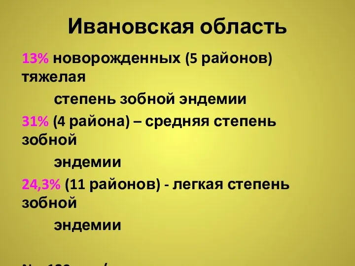 Ивановская область 13% новорожденных (5 районов) тяжелая степень зобной эндемии 31%