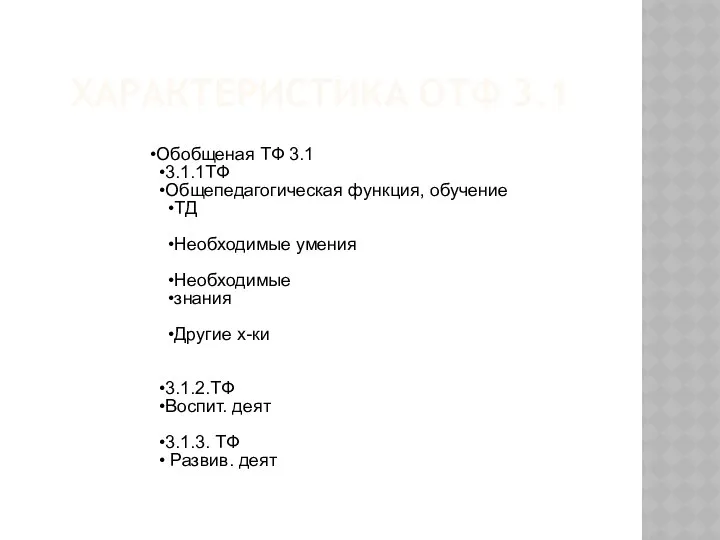 ХАРАКТЕРИСТИКА ОТФ 3.1 Обобщеная ТФ 3.1 3.1.1ТФ Общепедагогическая функция, обучение ТД