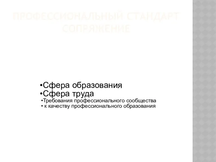 ПРОФЕССИОНАЛЬНЫЙ СТАНДАРТ СОПРЯЖЕНИЕ Сфера образования Сфера труда Требования профессионального сообщества к качеству профессионального образования