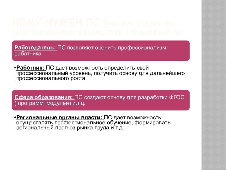 КОМУ НУЖЕН ПС (ИЛИ КРУГ СУБЪЕКТОВ, ЗАИНТЕРЕСОВАННЫХ В РАЗРАБОТКЕ И ПРИМЕНЕНИИ