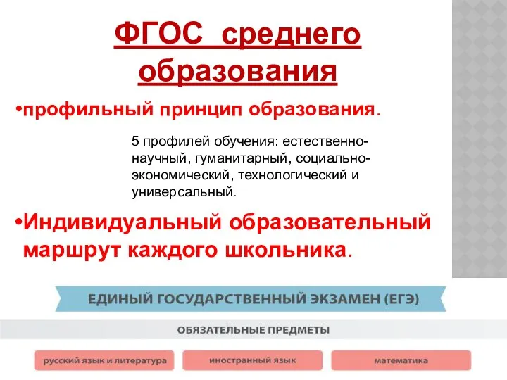 ФГОС среднего образования профильный принцип образования. 5 профилей обучения: естественно-научный, гуманитарный,