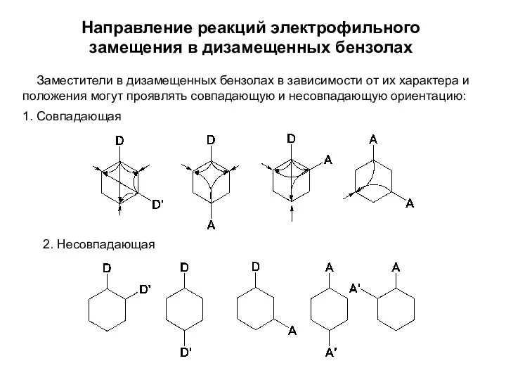 Направление реакций электрофильного замещения в дизамещенных бензолах Заместители в дизамещенных бензолах