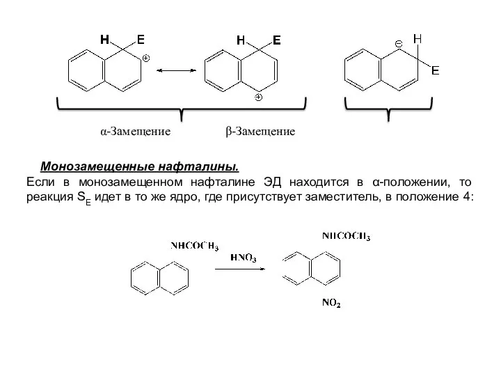 α-Замещение β-Замещение Монозамещенные нафталины. Если в монозамещенном нафталине ЭД находится в