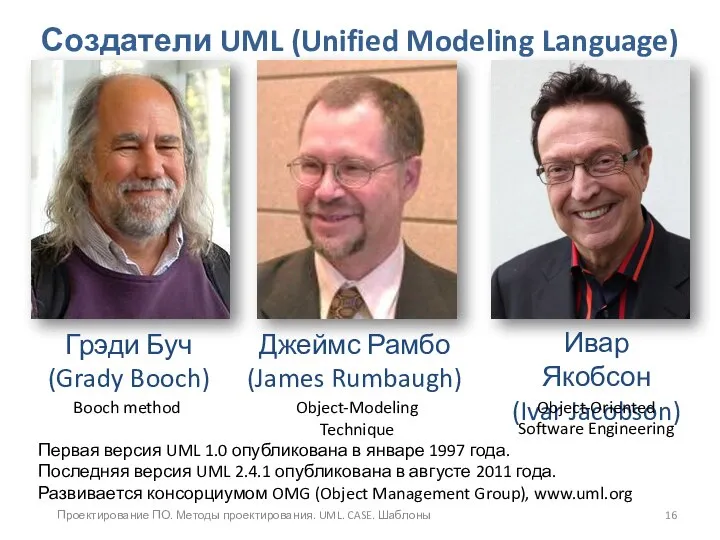 Проектирование ПО. Методы проектирования. UML. CASE. Шаблоны Создатели UML (Unified Modeling