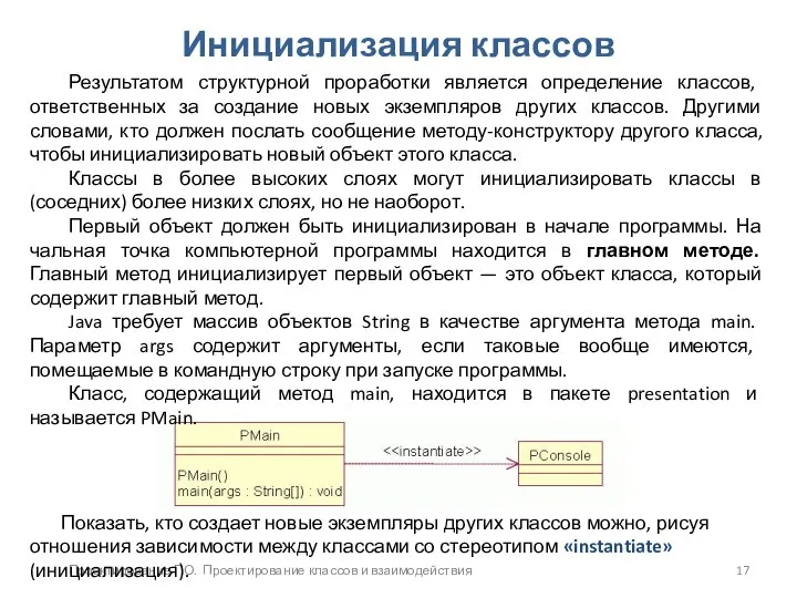 Проектирование ПО. Проектирование классов и взаимодействия Инициализация классов Результатом структурной проработки