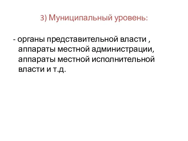 3) Муниципальный уровень: - органы представительной власти , аппараты местной администрации,