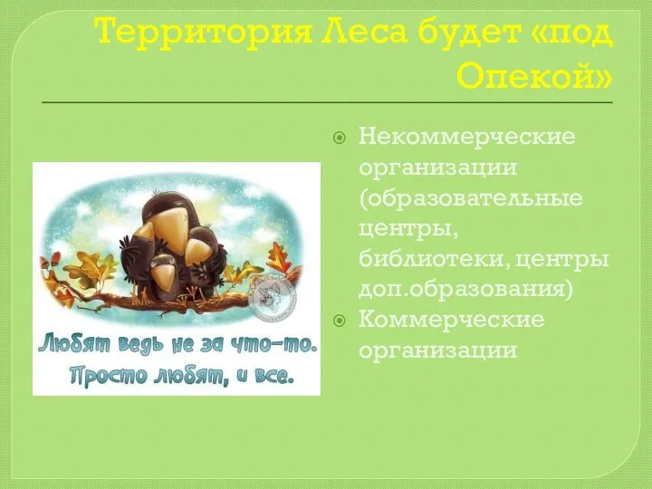 Территория Леса будет «под Опекой» Некоммерческие организации (образовательные центры, библиотеки, центры доп.образования) Коммерческие организации