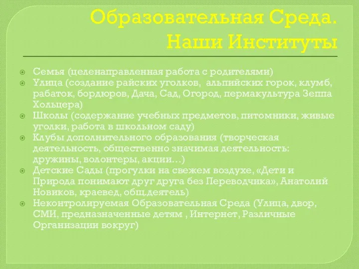 Образовательная Среда. Наши Институты Семья (целенаправленная работа с родителями) Улица (создание