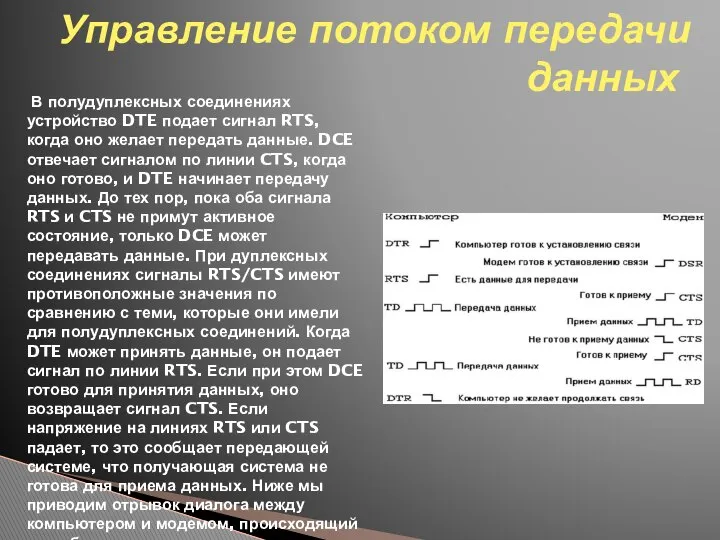 Управление потоком передачи данных В полудуплексных соединениях устройство DTE подает сигнал