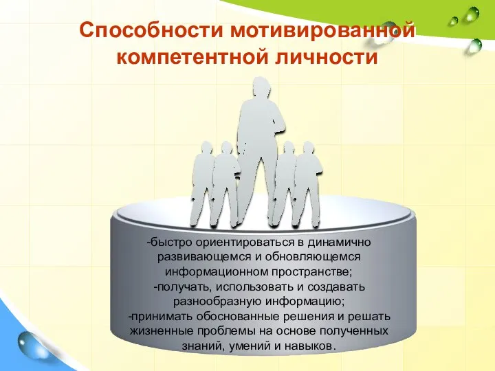 Способности мотивированной компетентной личности -быстро ориентироваться в динамично развивающемся и обновляющемся