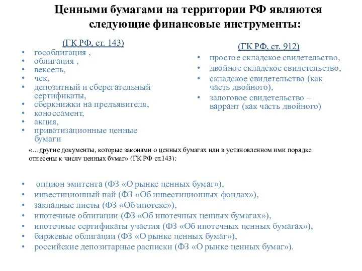 Ценными бумагами на территории РФ являются следующие финансовые инструменты: (ГК РФ,