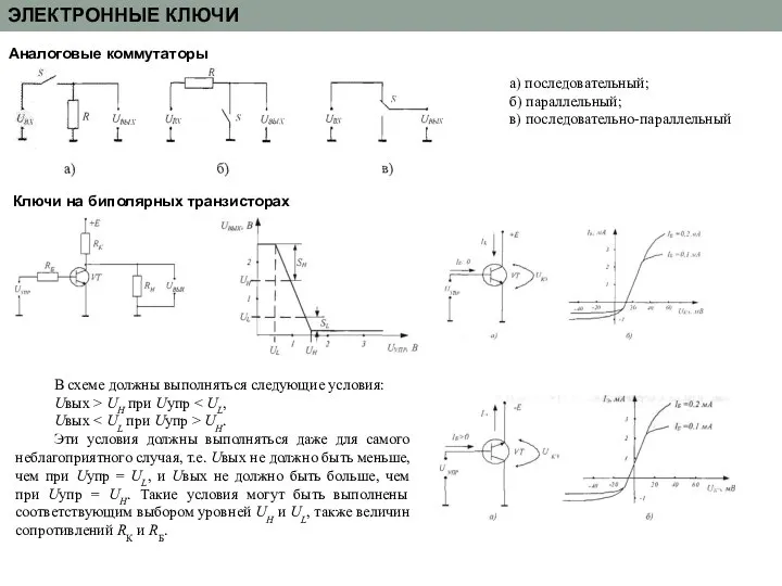 ЭЛЕКТРОННЫЕ КЛЮЧИ Аналоговые коммутаторы а) последовательный; б) параллельный; в) последовательно-параллельный Ключи