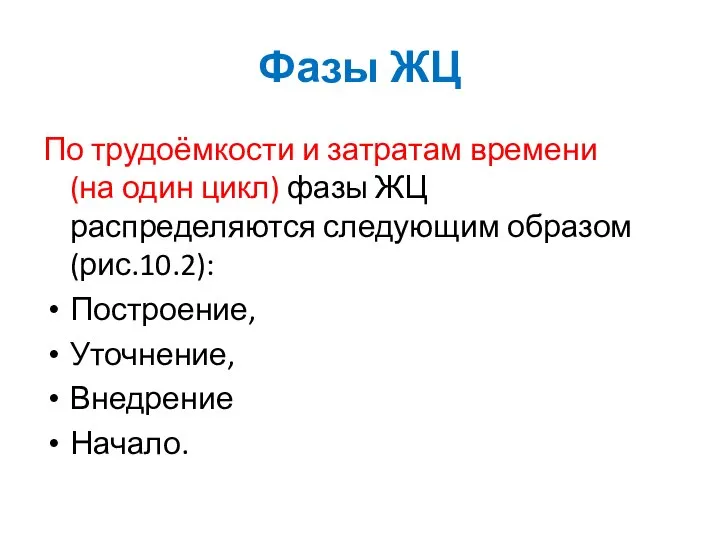 Фазы ЖЦ По трудоёмкости и затратам времени (на один цикл) фазы