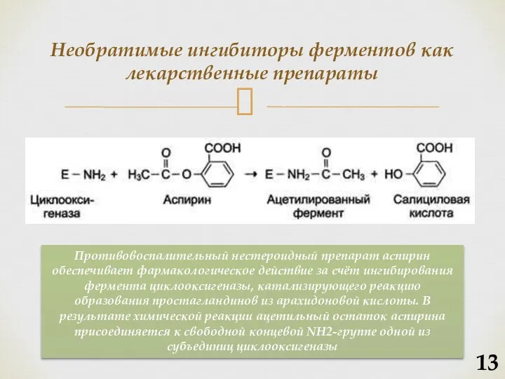 Необратимые ингибиторы ферментов как лекарственные препараты Противовоспалительный нестероидный препарат аспирин обеспечивает