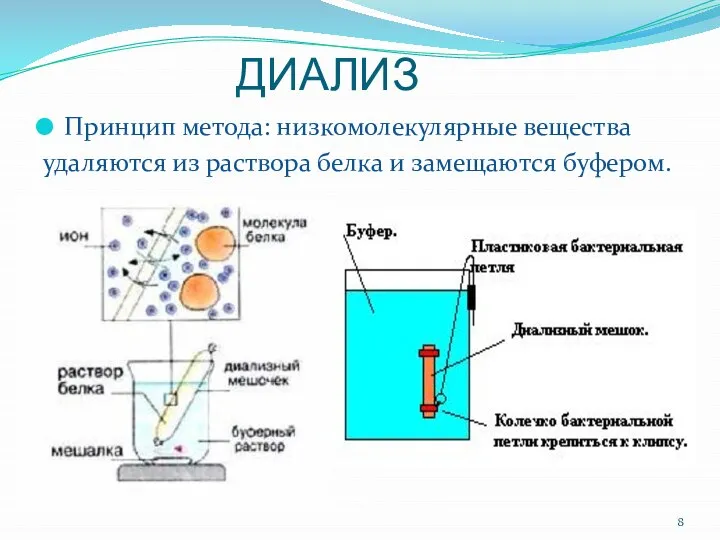 ДИАЛИЗ Принцип метода: низкомолекулярные вещества удаляются из раствора белка и замещаются буфером.