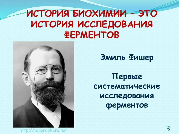 ИСТОРИЯ БИОХИМИИ – ЭТО ИСТОРИЯ ИССЛЕДОВАНИЯ ФЕРМЕНТОВ Эмиль Фишер Первые систематические исследования ферментов http://biographera.net