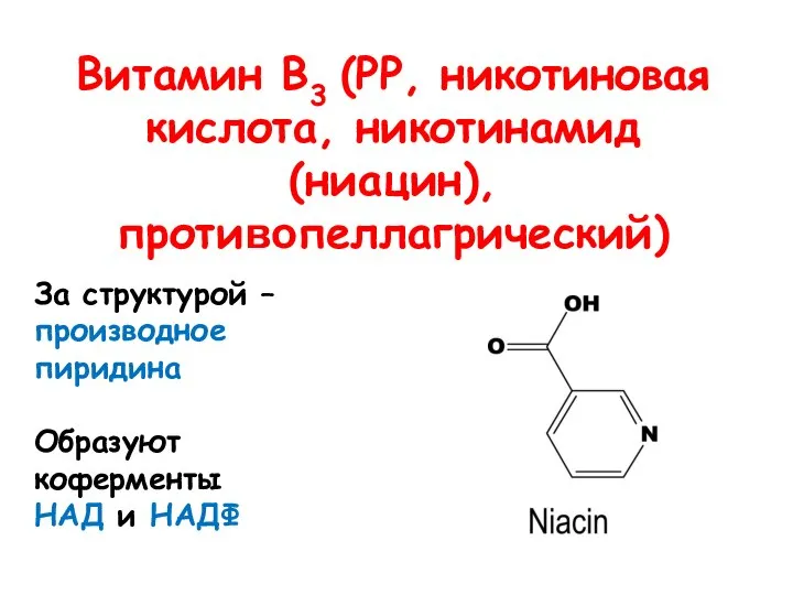 Витамин В3 (РР, никотиновая кислота, никотинамид (ниацин), противопеллагрический) За структурой –