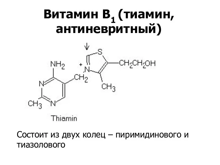 Витамин В1 (тиамин, антиневритный) Состоит из двух колец – пиримидинового и тиазолового