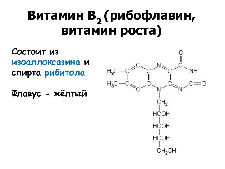 Витамин В2 (рибофлавин, витамин роста) Состоит из изоаллоксазина и спирта рибитола Флавус - жёлтый