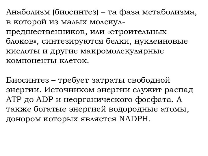 Анаболизм (биосинтез) – та фаза метаболизма, в которой из малых молекул-предшественников,