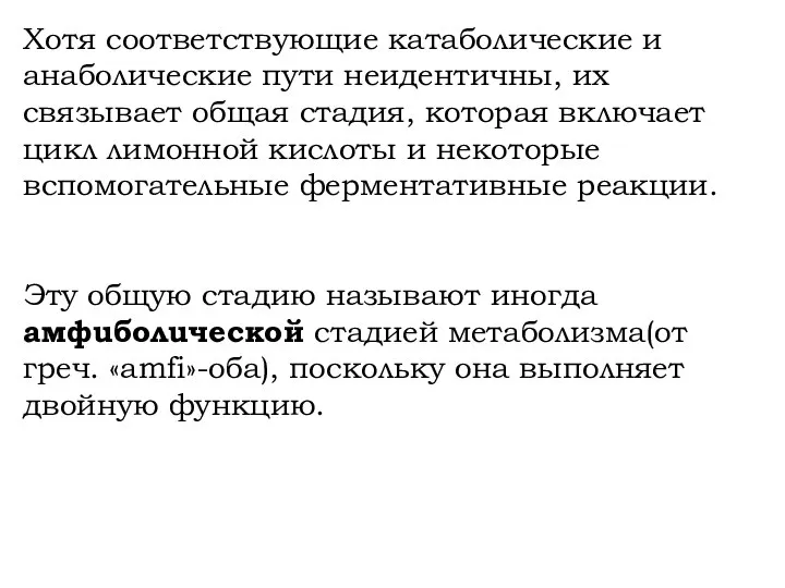 Хотя соответствующие катаболические и анаболические пути неидентичны, их связывает общая стадия,