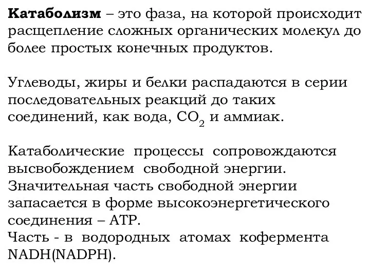 Катаболизм – это фаза, на которой происходит расщепление сложных органических молекул