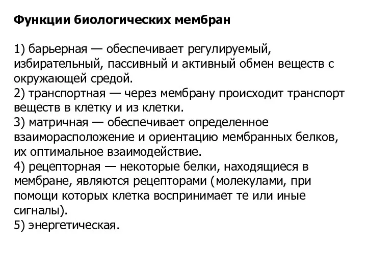 Функции биологических мембран 1) барьерная — обеспечивает регулируемый, избирательный, пассивный и