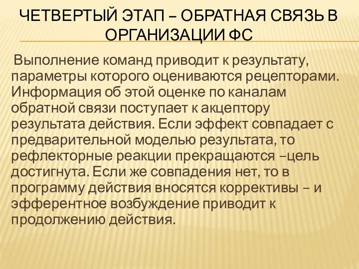 ЧЕТВЕРТЫЙ ЭТАП – ОБРАТНАЯ СВЯЗЬ В ОРГАНИЗАЦИИ ФС Выполнение команд приводит