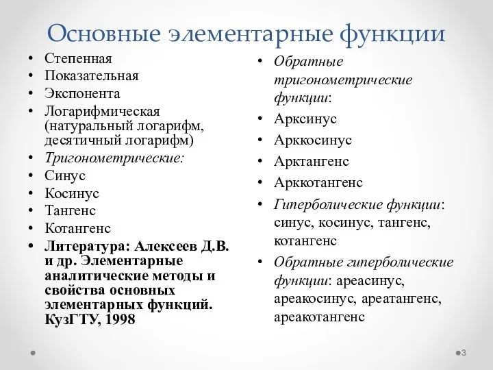 Основные элементарные функции Обратные тригонометрические функции: Арксинус Арккосинус Арктангенс Арккотангенс Гиперболические