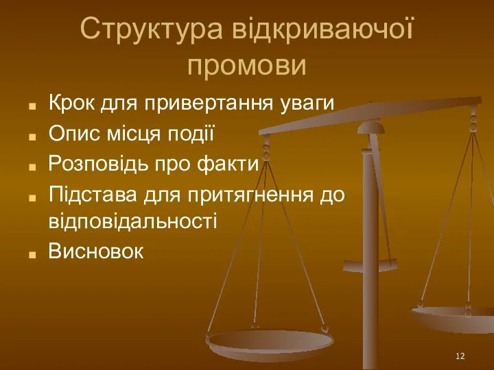 Структура відкриваючої промови Крок для привертання уваги Опис місця події Розповідь