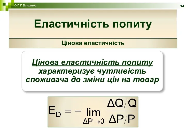 Еластичність попиту Цінова еластичність © П.Г. Банщиков