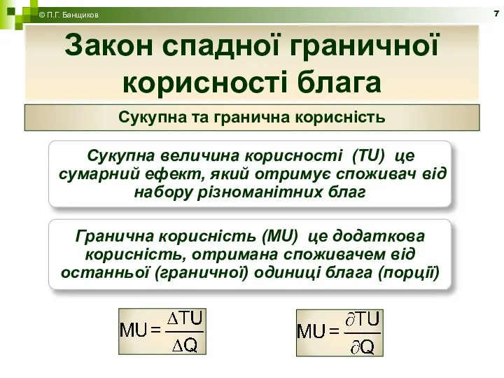 Закон спадної граничної корисності блага © П.Г. Банщиков Сукупна та гранична корисність