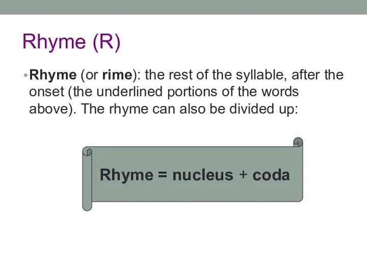 Rhyme (R) Rhyme (or rime): the rest of the syllable, after
