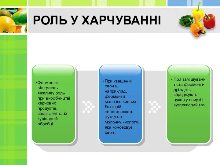 РОЛЬ У ХАРЧУВАННІ Ферменти відіграють важливу роль при виробництві харчових продуктів,