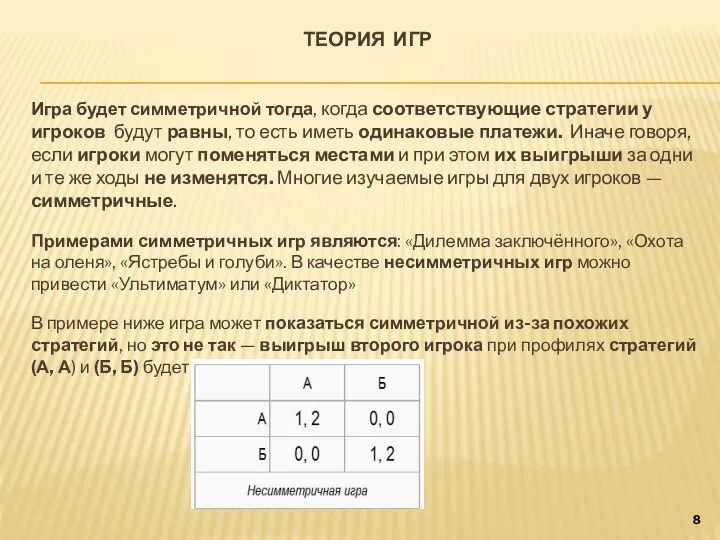 ТЕОРИЯ ИГР Игра будет симметричной тогда, когда соответствующие стратегии у игроков