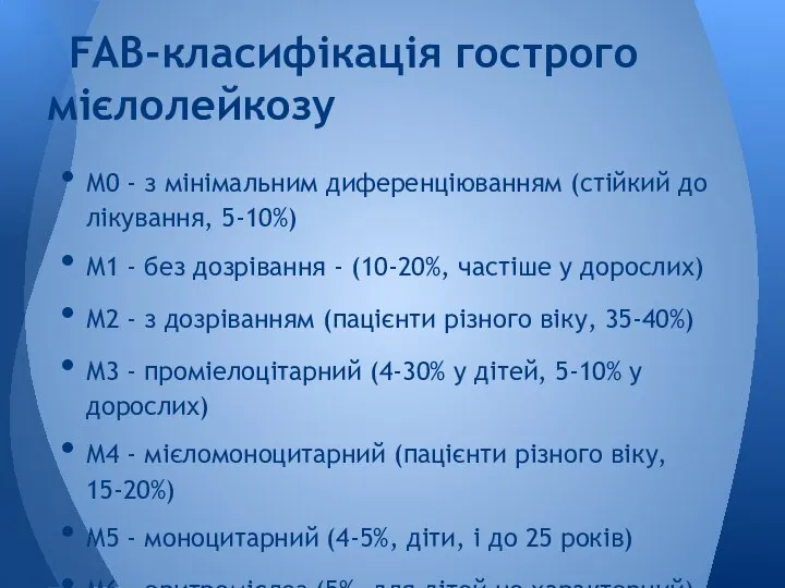 М0 - з мінімальним диференціюванням (стійкий до лікування, 5-10%) М1 -