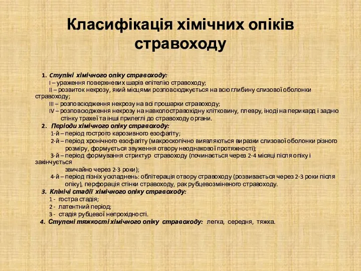 Класифікація хімічних опіків стравоходу 1. Cтупіні хімічного опіку стравоходу: I –