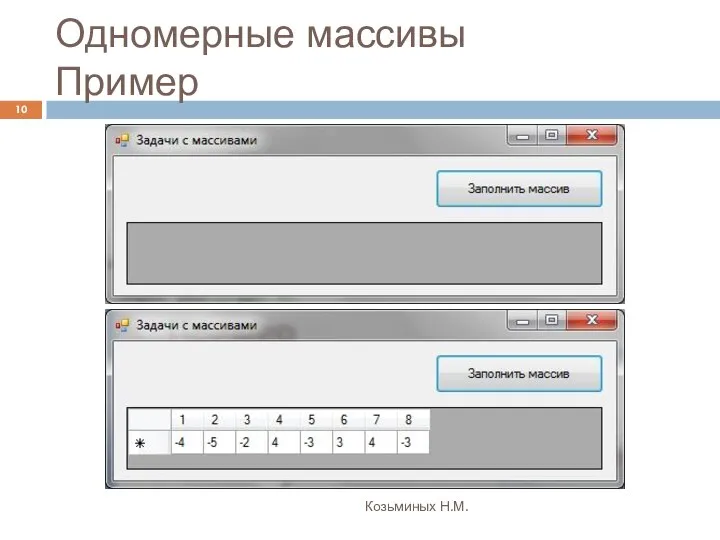 Одномерные массивы Пример Козьминых Н.М.