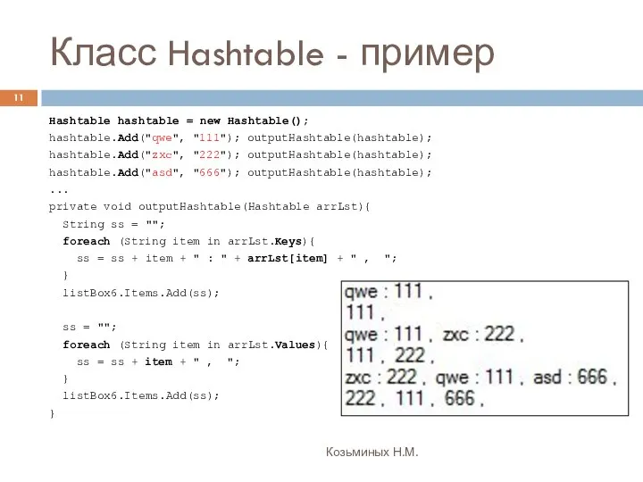 Класс Hashtable - пример Козьминых Н.М. Hashtable hashtable = new Hashtable();