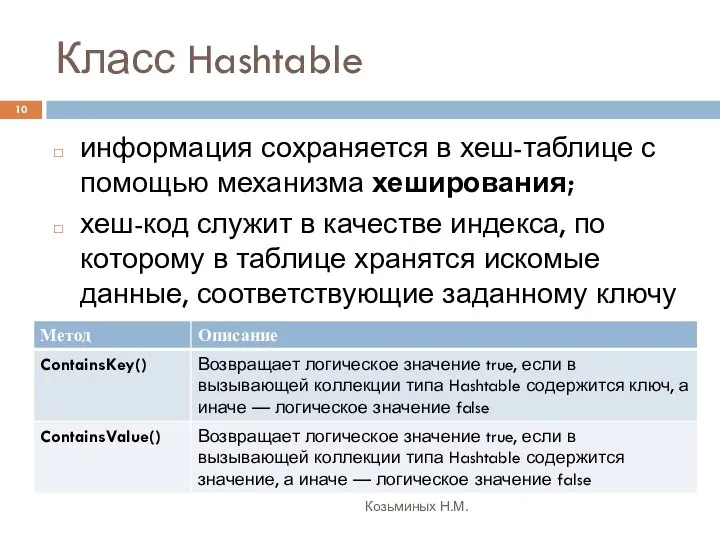 Класс Hashtable Козьминых Н.М. информация сохраняется в хеш-таблице с помощью механизма