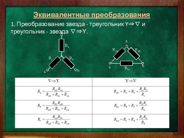 Эквивалентные преобразования 1. Преобразование звезда - треугольник Y⇒∇ и треугольник - звезда ∇⇒Υ.