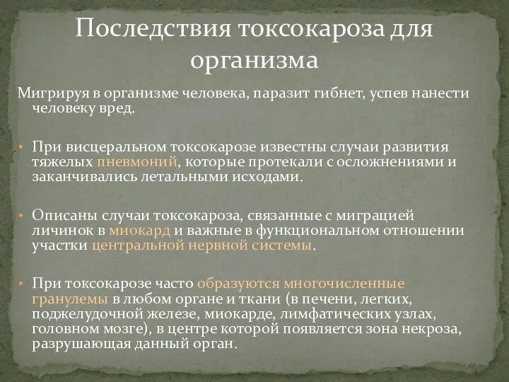 Мигрируя в организме человека, паразит гибнет, успев нанести человеку вред. При