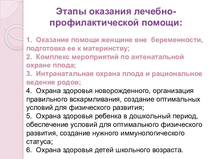 Этапы оказания лечебно-профилактической помощи: 1. Оказание помощи женщине вне беременности, подготовка