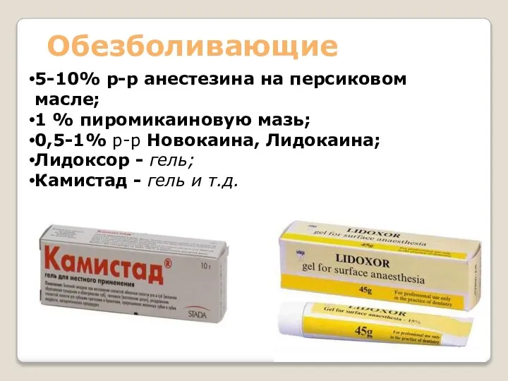 Обезболивающие 5-10% р-р анестезина на персиковом масле; 1 % пиромикаиновую мазь;