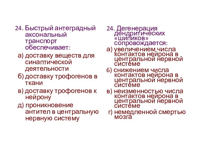 24. Быстрый антеградный аксональный транспорт обеспечивает: а) доставку веществ для синаптической