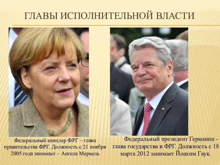 ГЛАВЫ ИСПОЛНИТЕЛЬНОЙ ВЛАСТИ Федеральный президент Германии - глава государства в ФРГ.